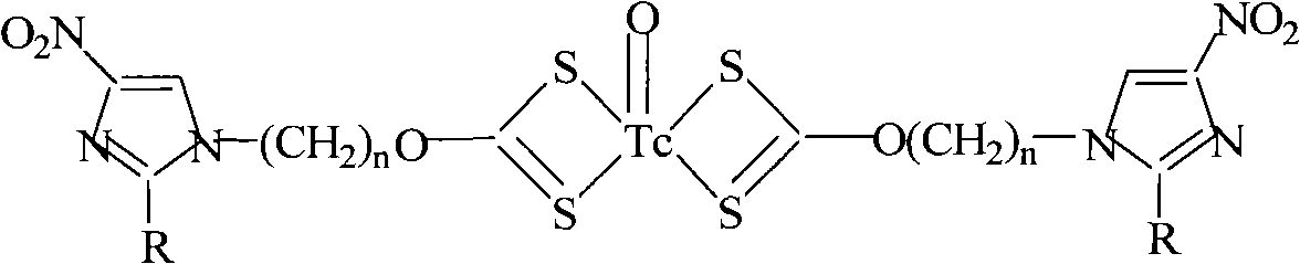 Nitro imidazole xanthogenate complex marked by TcO, preparation method and applications