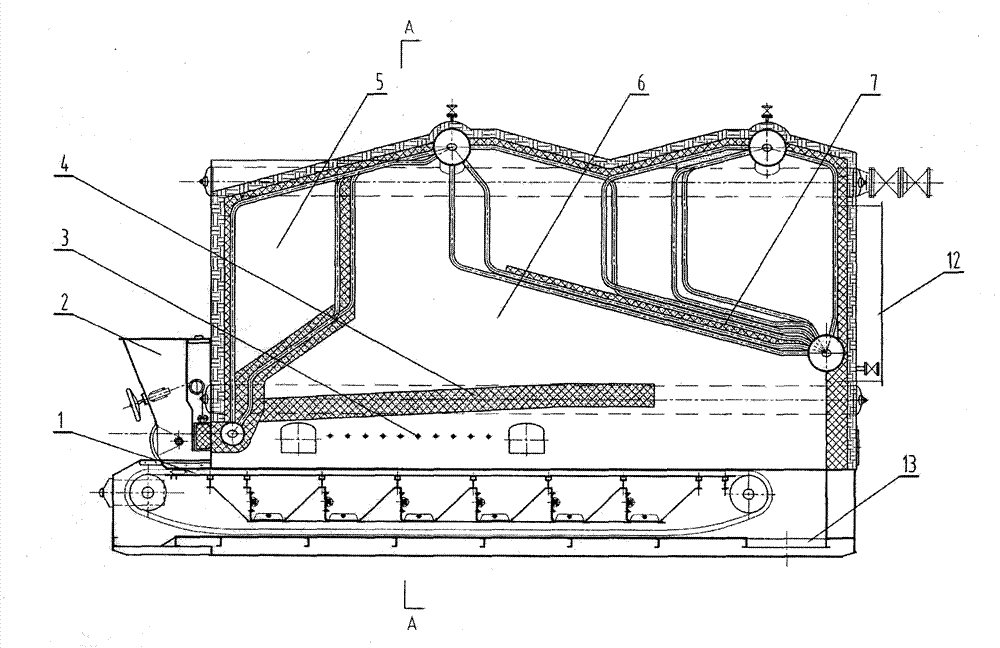 Long front arch and secondary air composite structure of lignite-fired traveling grate boiler