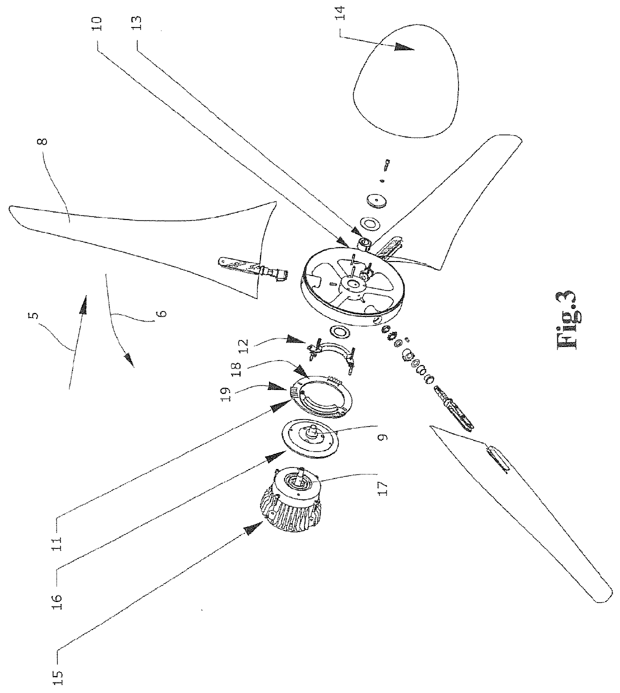 Wind turbine with a centrifugal force driven adjustable pitch angle and cables retaining blades in a hub