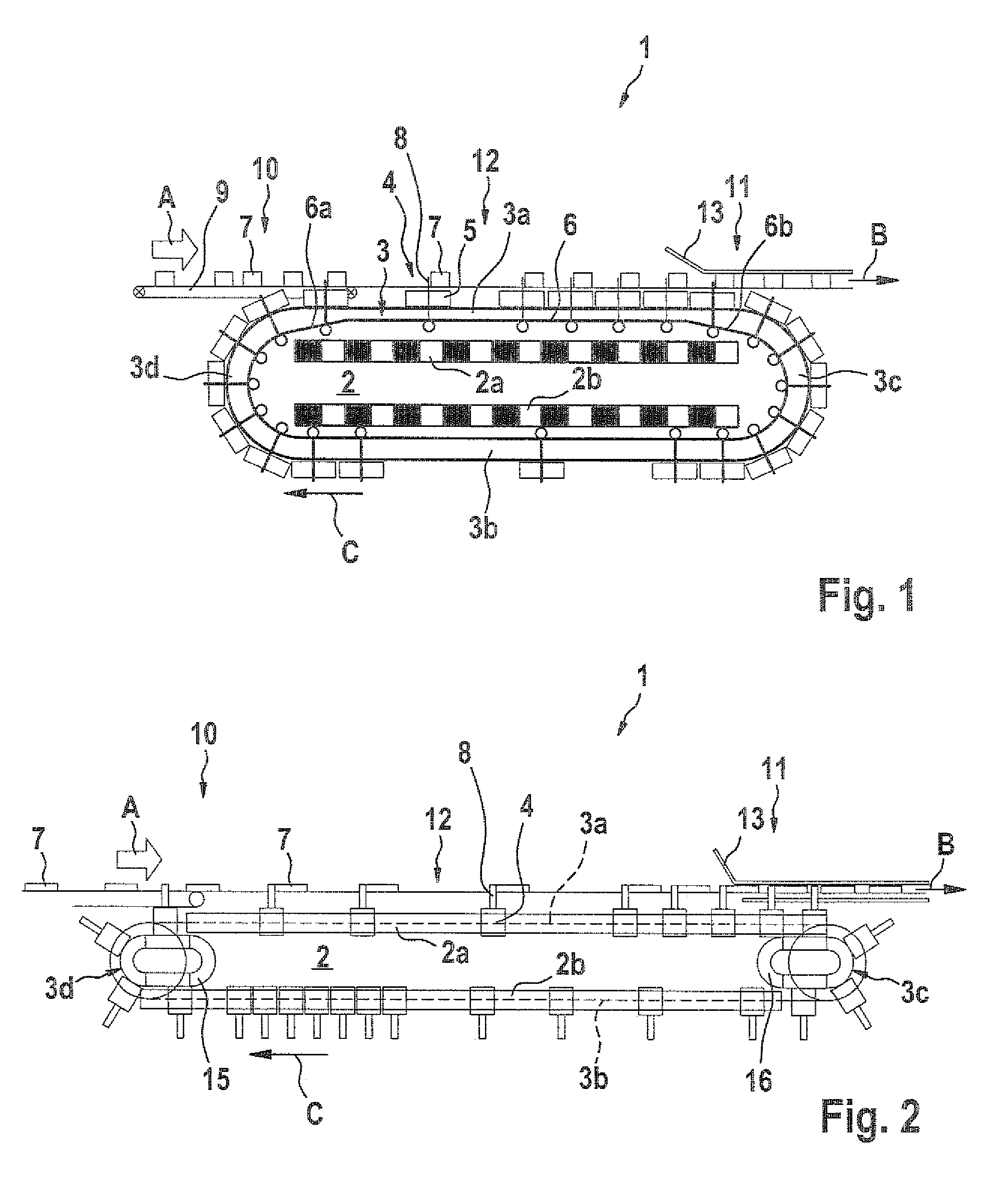 Apparatus and method for transporting products, having a linear drive mechanism