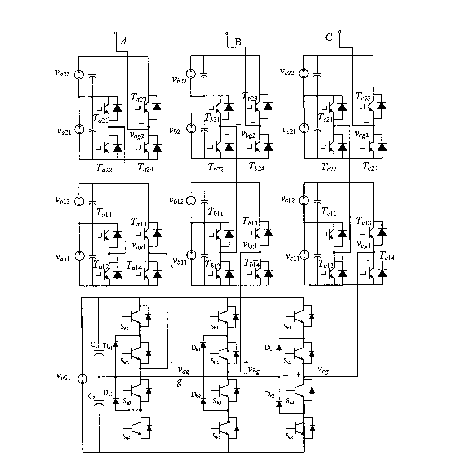 Three-phase mixing multi-level inverter circuit