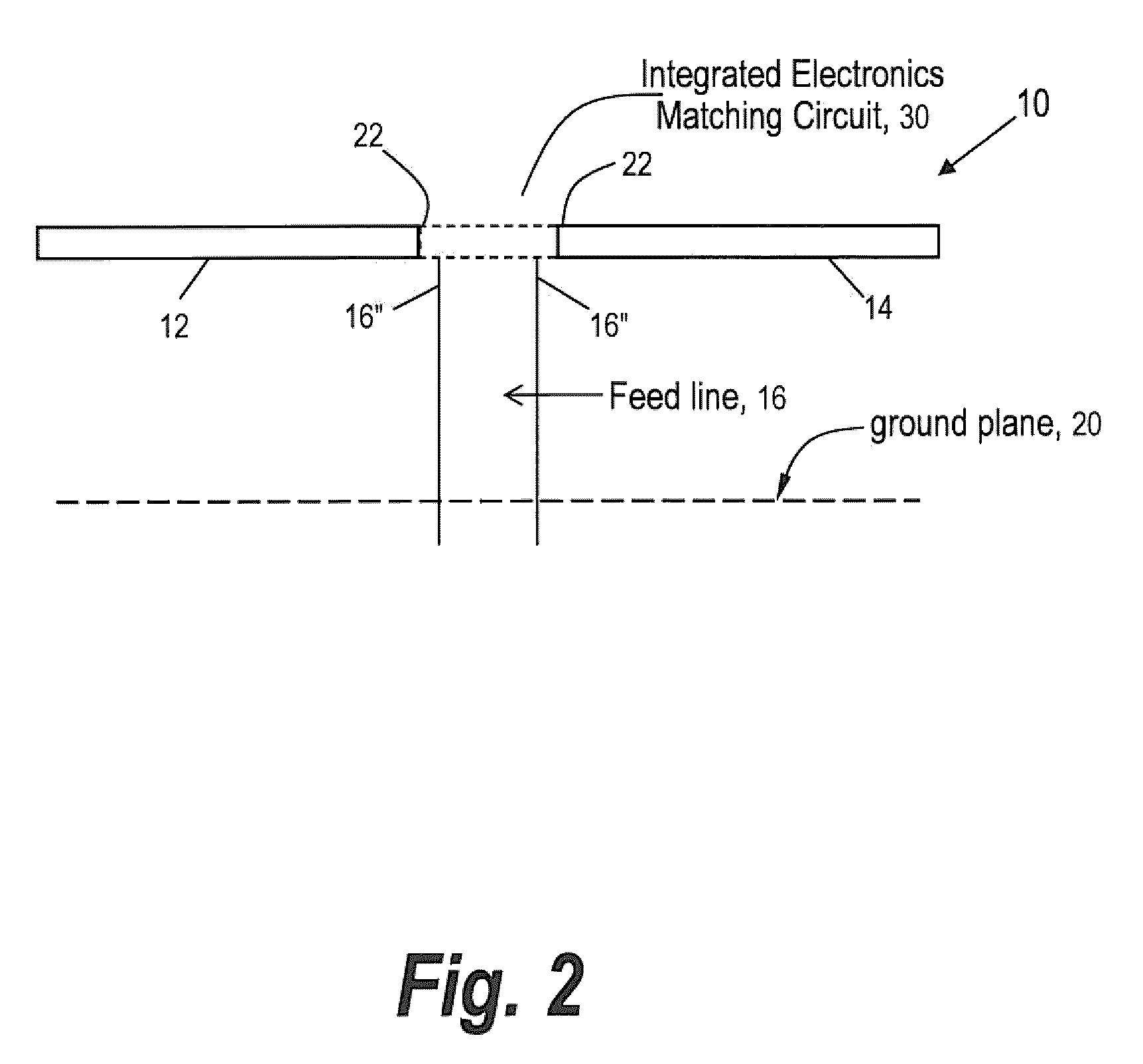 Integrated electronics matching circuit at an antenna feed point for establishing wide bandwidth, low vswr operation, and method of design