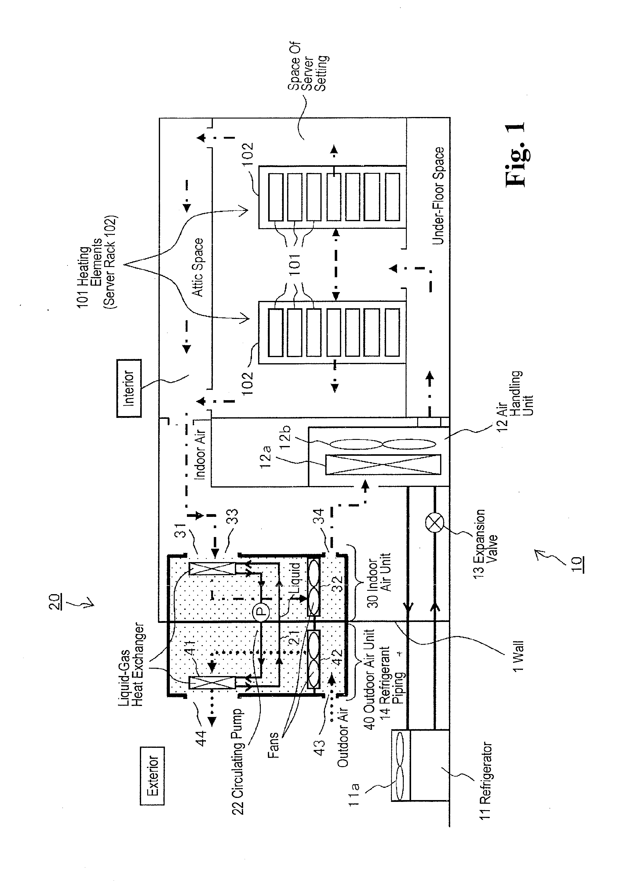 Air conditioning system using outdoor air, indoor air unit, and outdoor air unit thereof, and stack