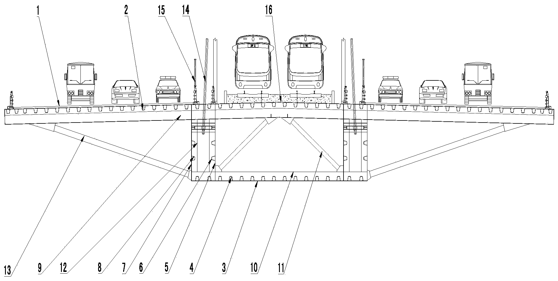 Large-cantilever steel box beam with highway and railway on same layer