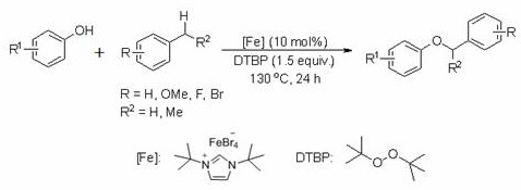 Application of iron (III) complex containing 1,3-di-tert-butyl imidazole cations in synthesis of aryl benzyl ether compounds