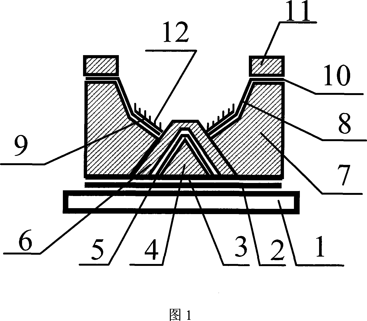 Planar display device with triangular bottom-grid controlled cathode structure and its production