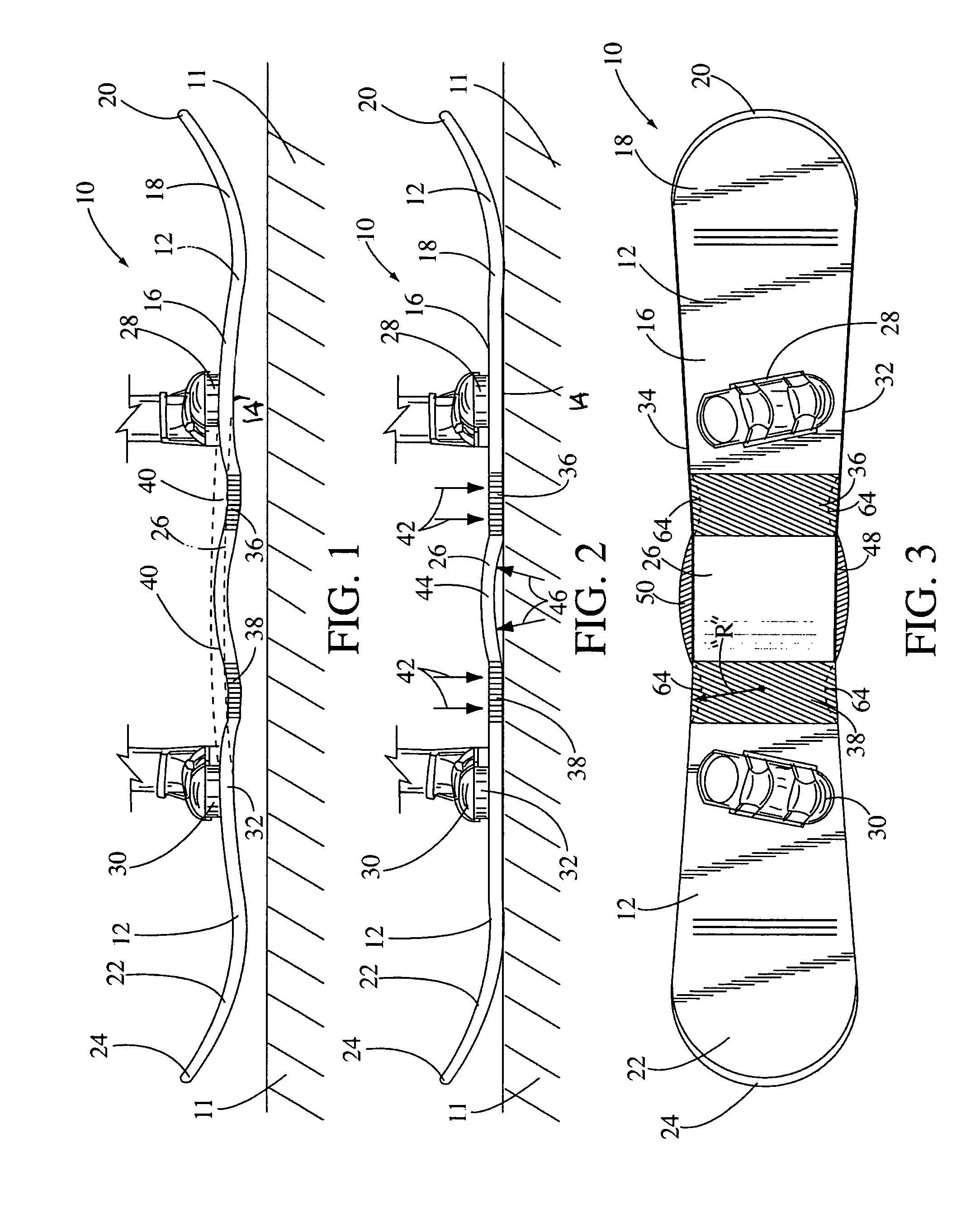 Bi-directional snowboard with parallel reverse cambers for reduced snow contact and with traction planes for increased edge control