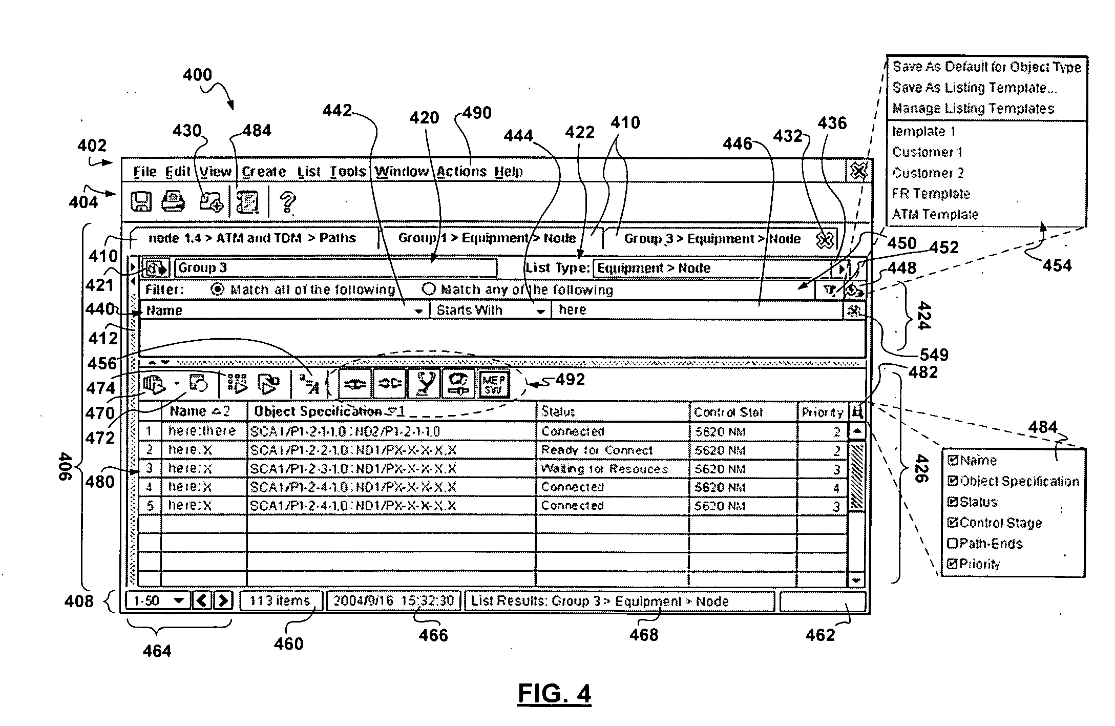 Graphical user interface for generic listing of managed objects