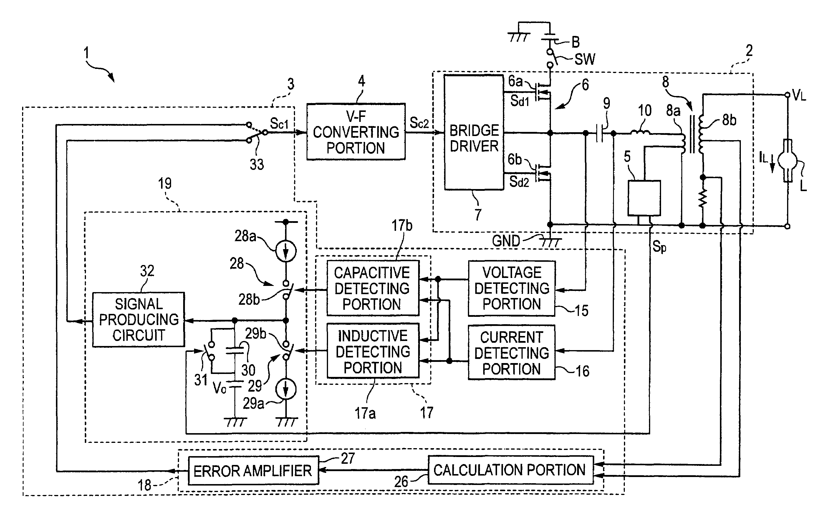 Discharge lamp lighting circuit with frequency control in accordance with phase difference