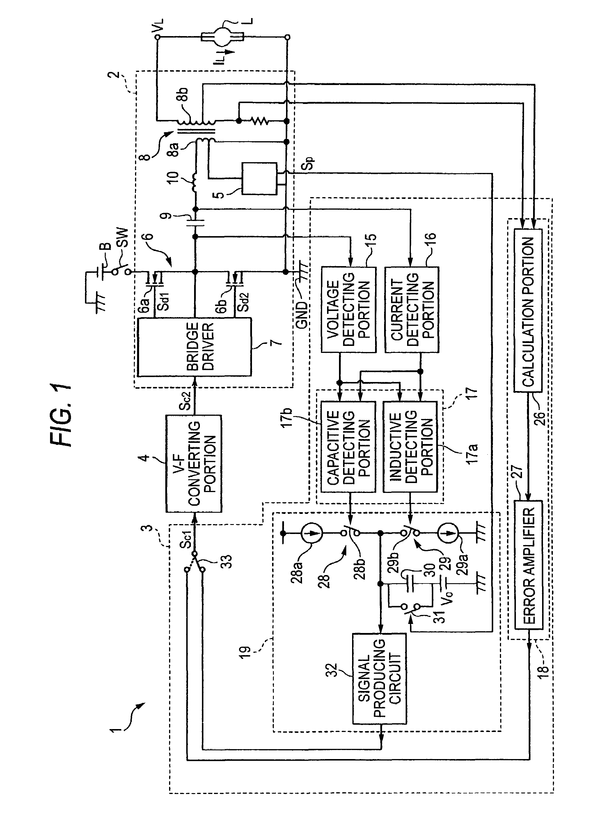 Discharge lamp lighting circuit with frequency control in accordance with phase difference