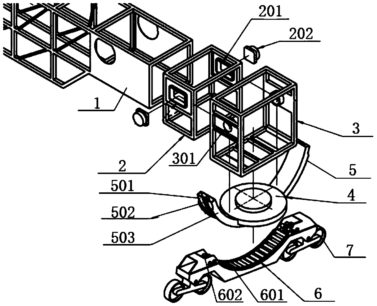 Bridge inspection vehicle door frame system applicable to variable gradient running
