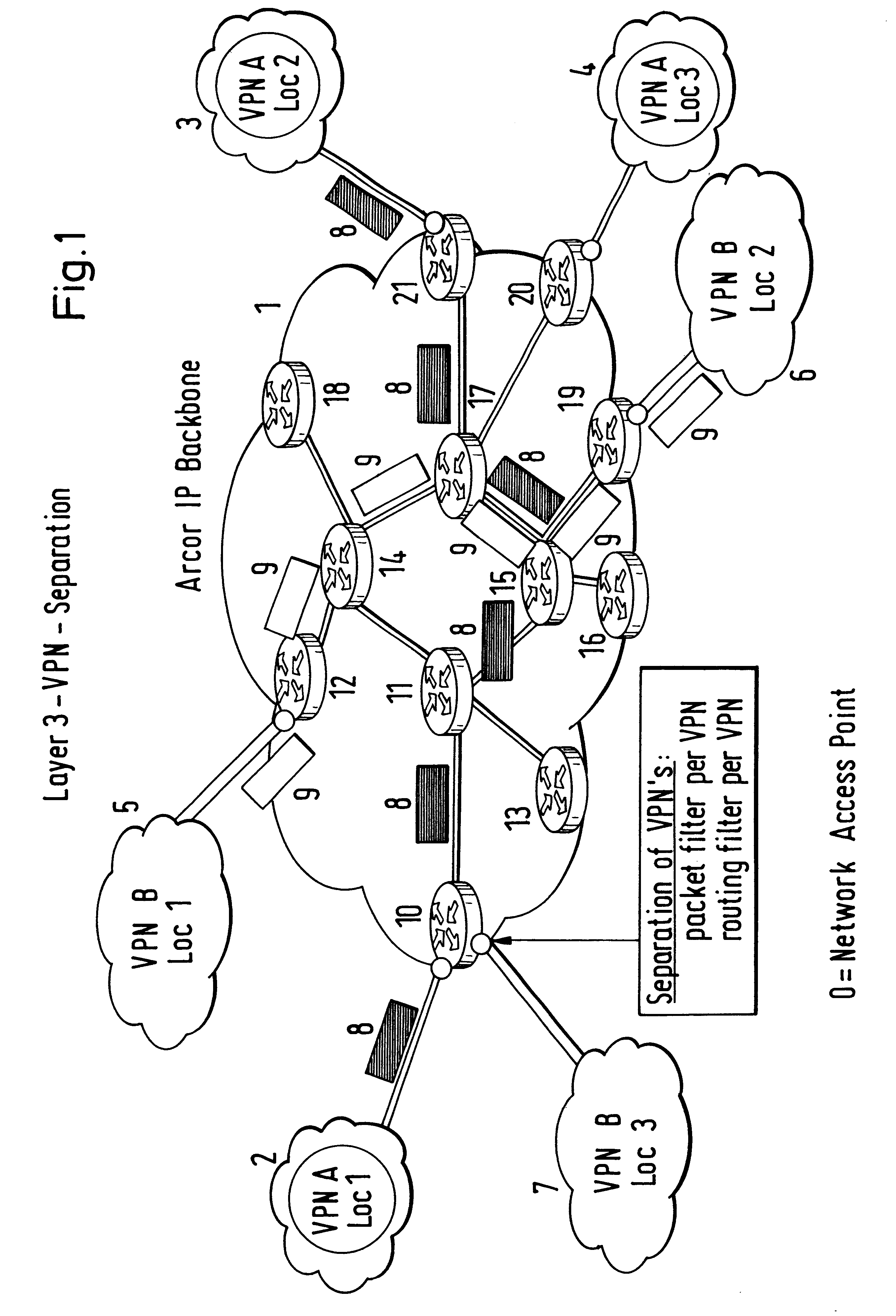 Process and apparatus for the operation of virtual private networks on a common data packet communication network