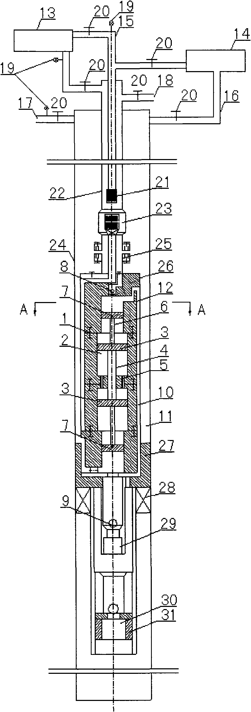 Deep well gas injection supercharging mechanical oil production method and device