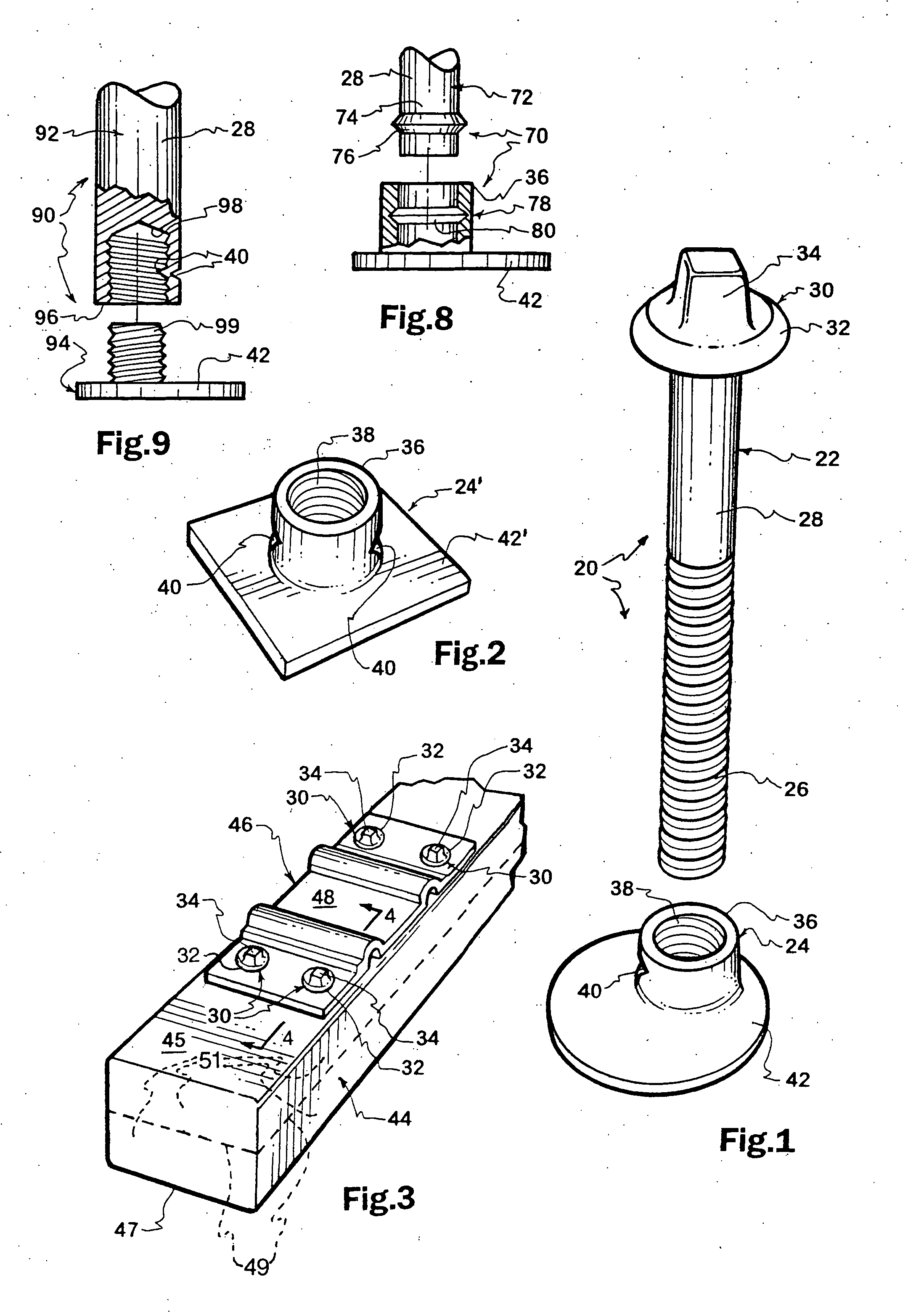 Spikeless tie plate fasteners, pre-plated railroad ties and related assemblies and methods