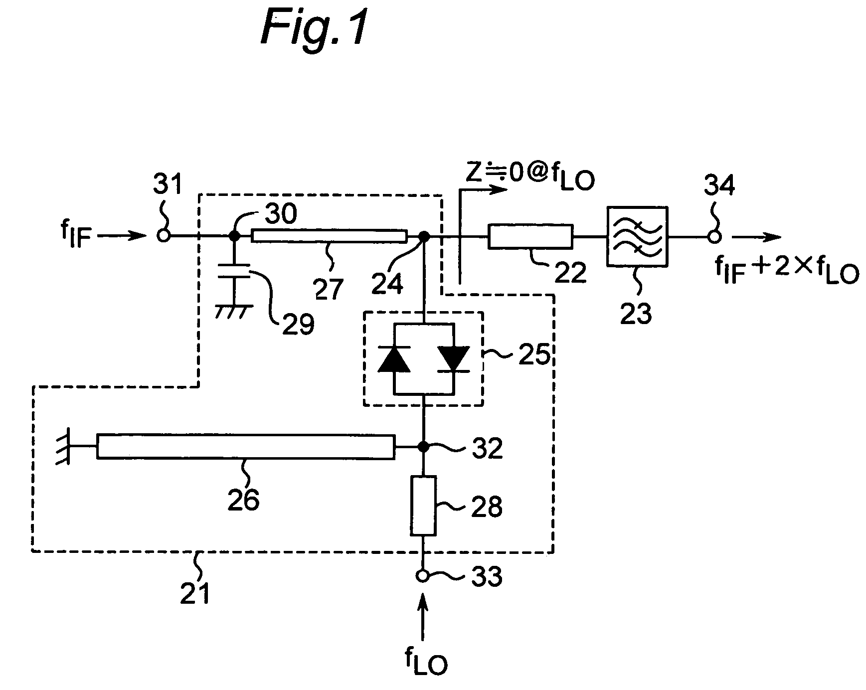 Filter-integrated even-harmonic mixer and hi-frequency radio communication device using the same
