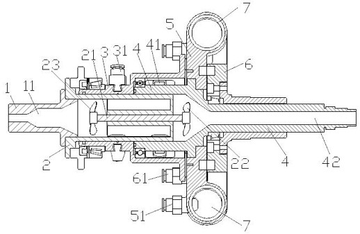 Pressurizing gas distribution mechanism of annular tandem straight-cylinder engine, and annular straight-cylinder engine