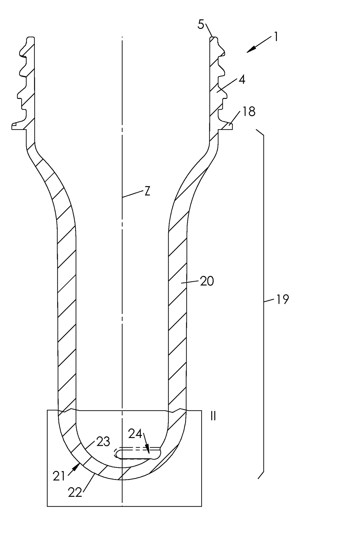 Preform having a variable thickness around a main axis