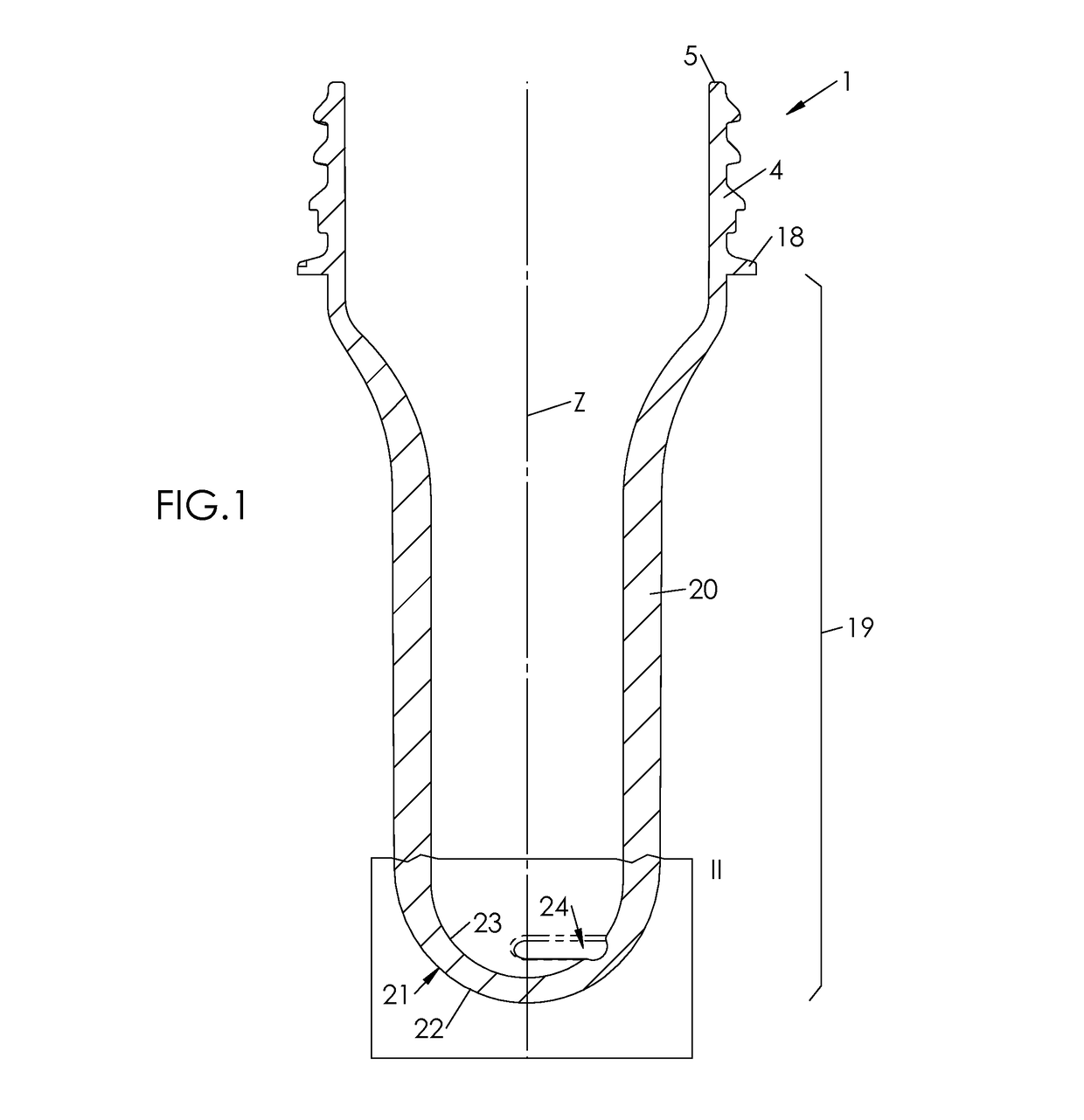 Preform having a variable thickness around a main axis