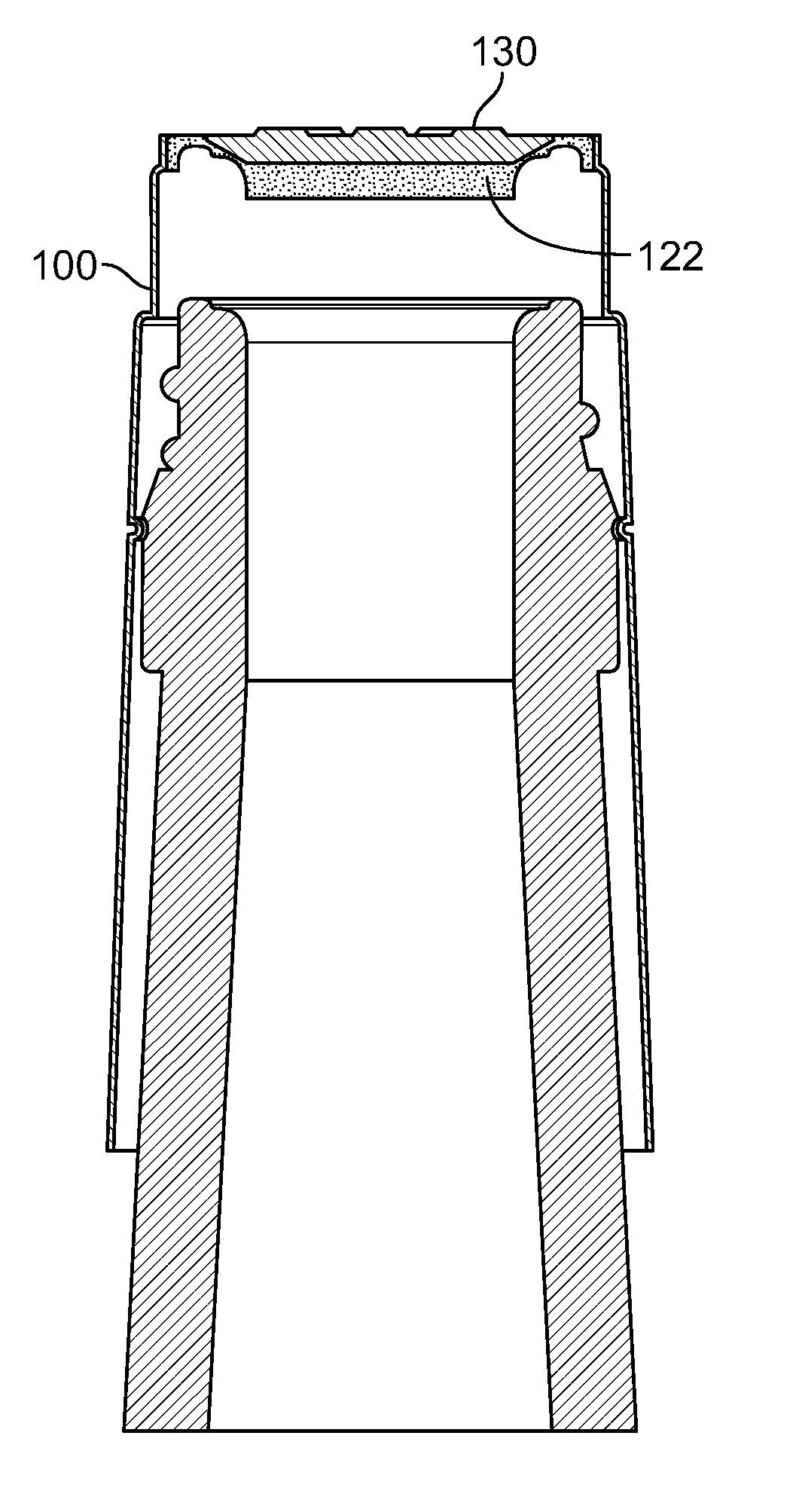 Liner-stretching bottle closure body recess and reinforcing insert