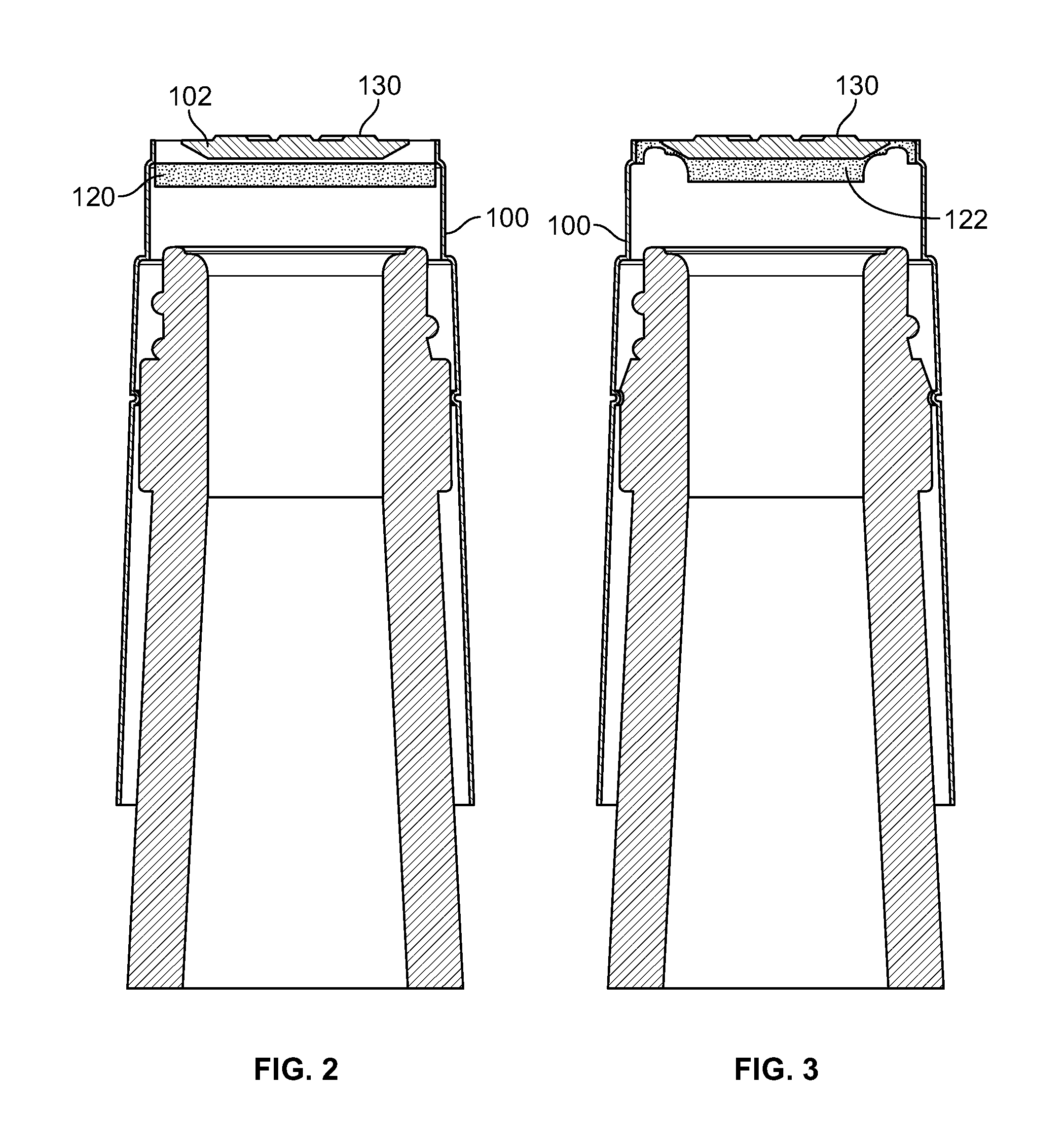 Liner-stretching bottle closure body recess and reinforcing insert