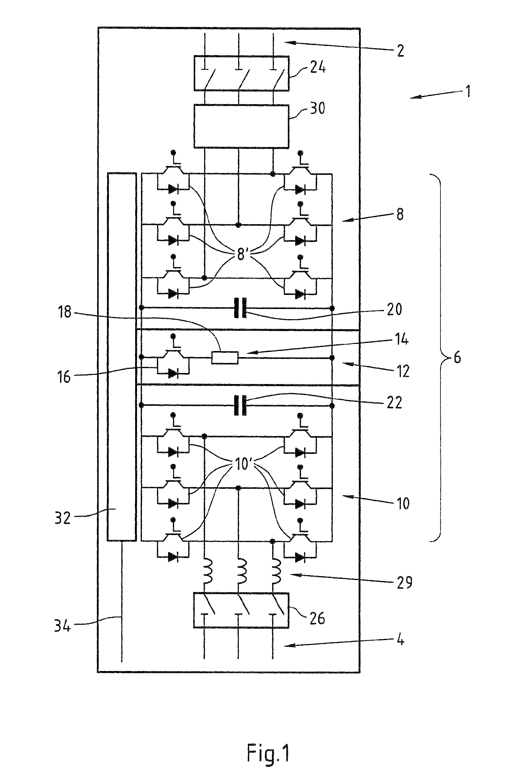 Switchgear cabinet arrangement of a device for producing electric energy