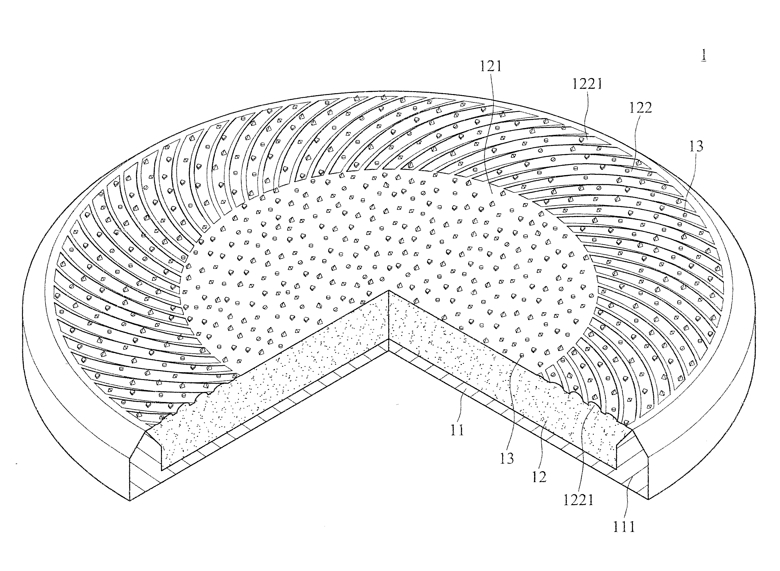 Arc blade-shaped processing surface structure of pad conditioner and manufacturing mold structure thereof