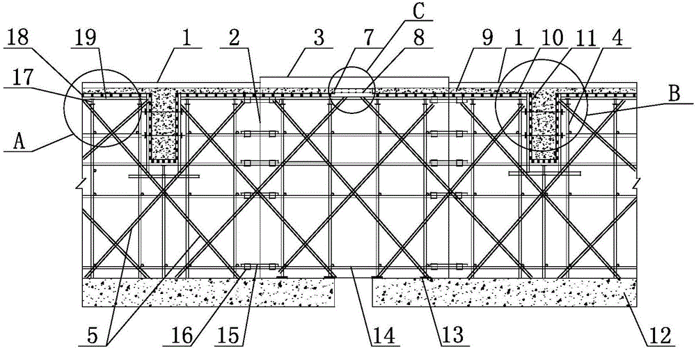 Construction method of post-cast strip area and floor area supporting systems on two sides of post-cast strip area