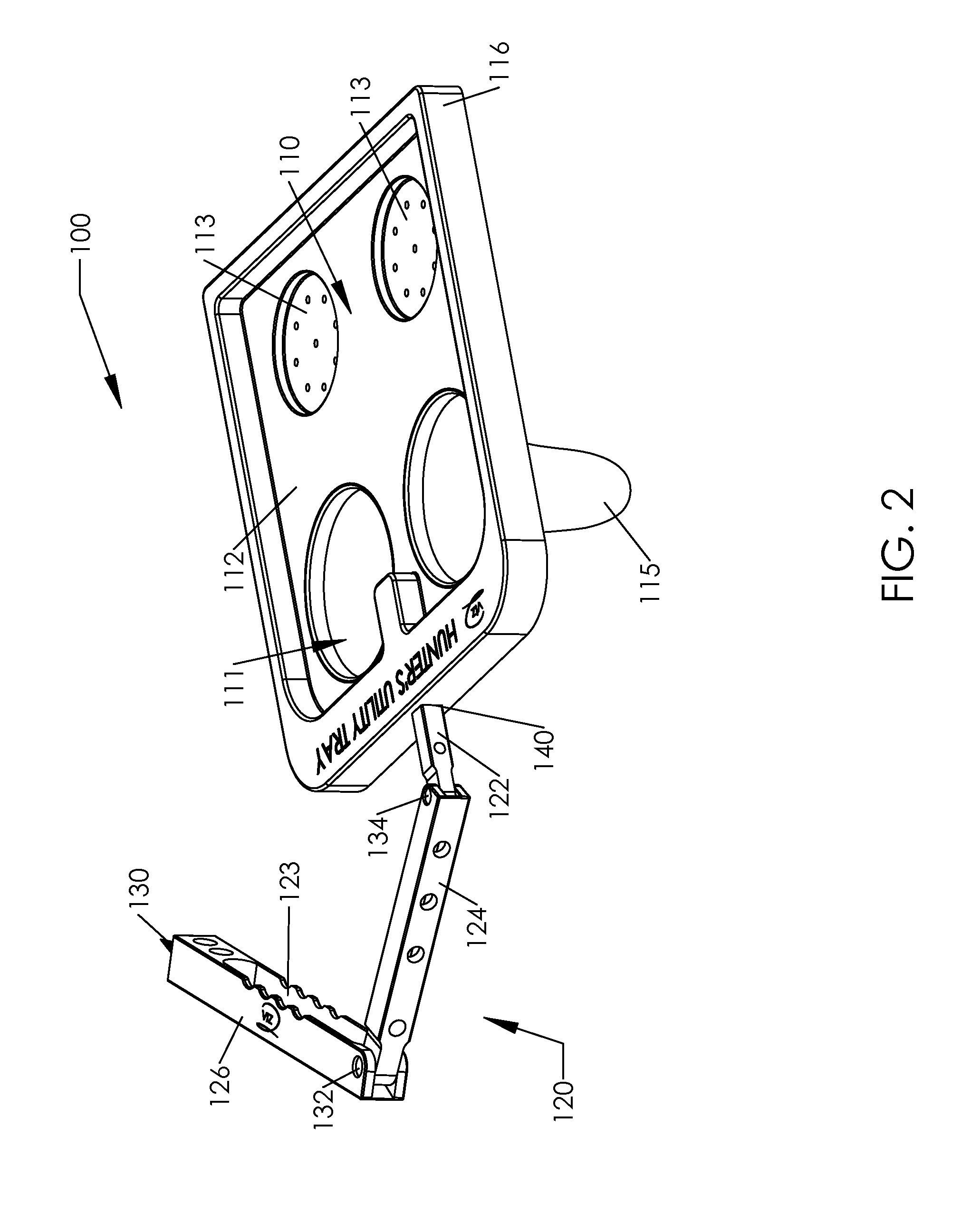 Hunting utility tray and folding arm assembly