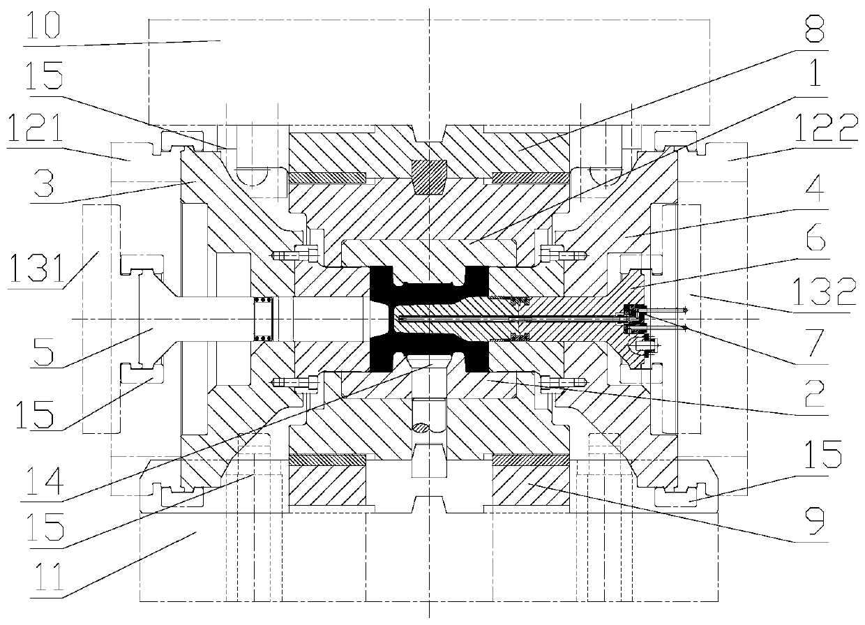 One-time extrusion forming method of horizontal double-acting combined mold of double-flange middle body