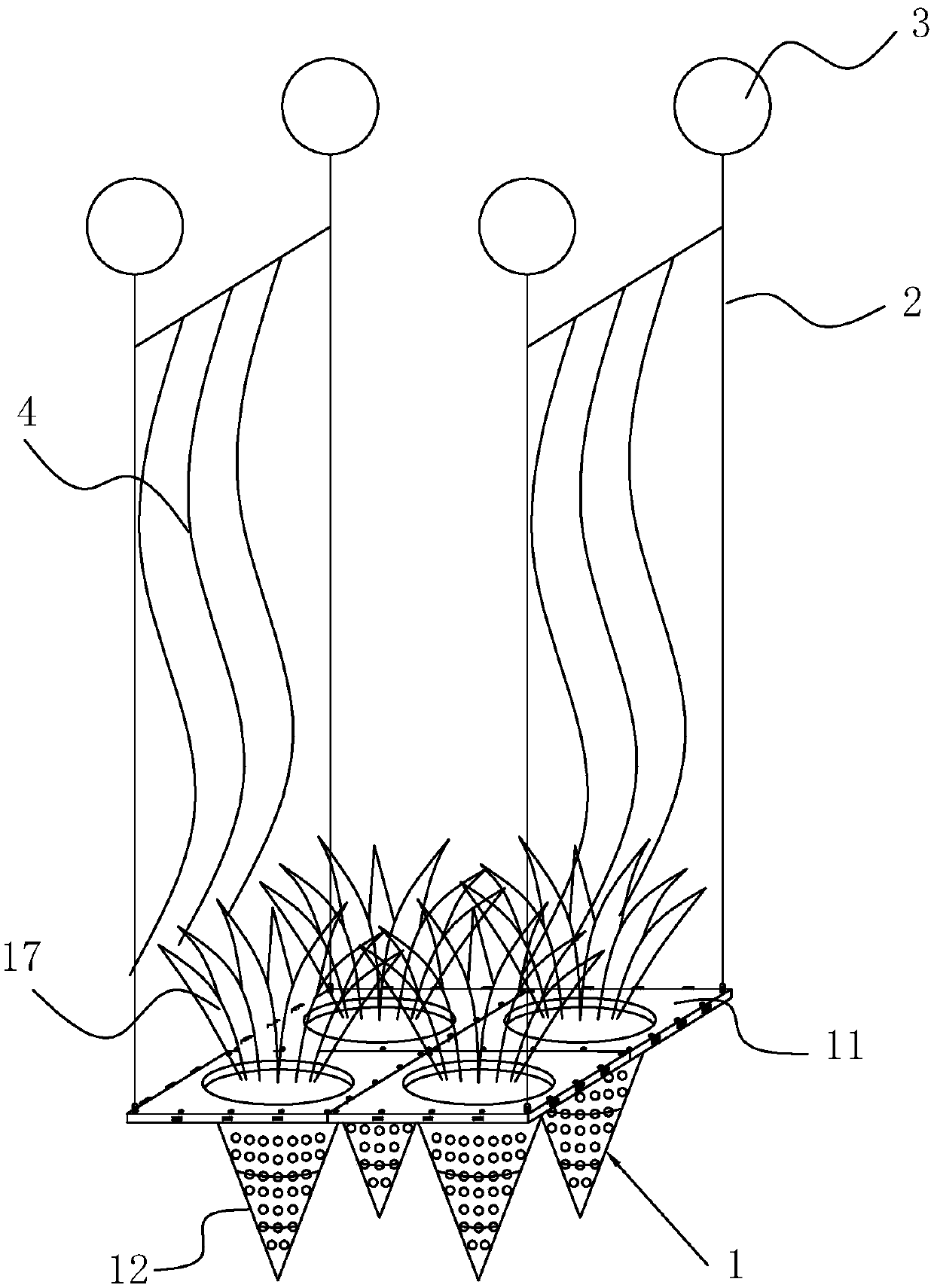 Composite underwater lawn planting and recycling device used in ecologically damaged river course