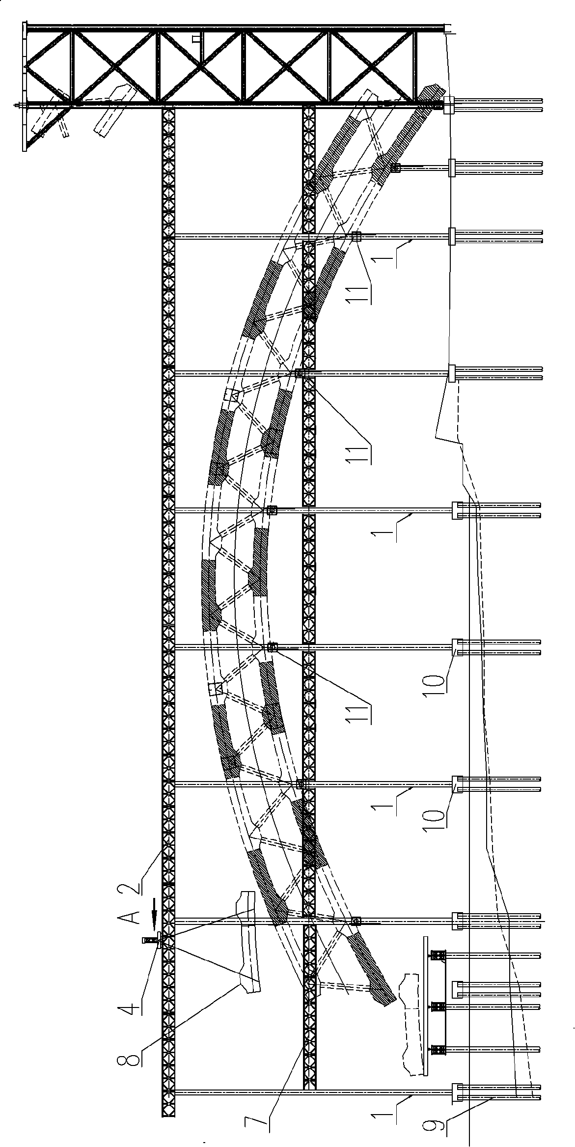 Bridge rib hoisting and supporting rack integral construction method and device