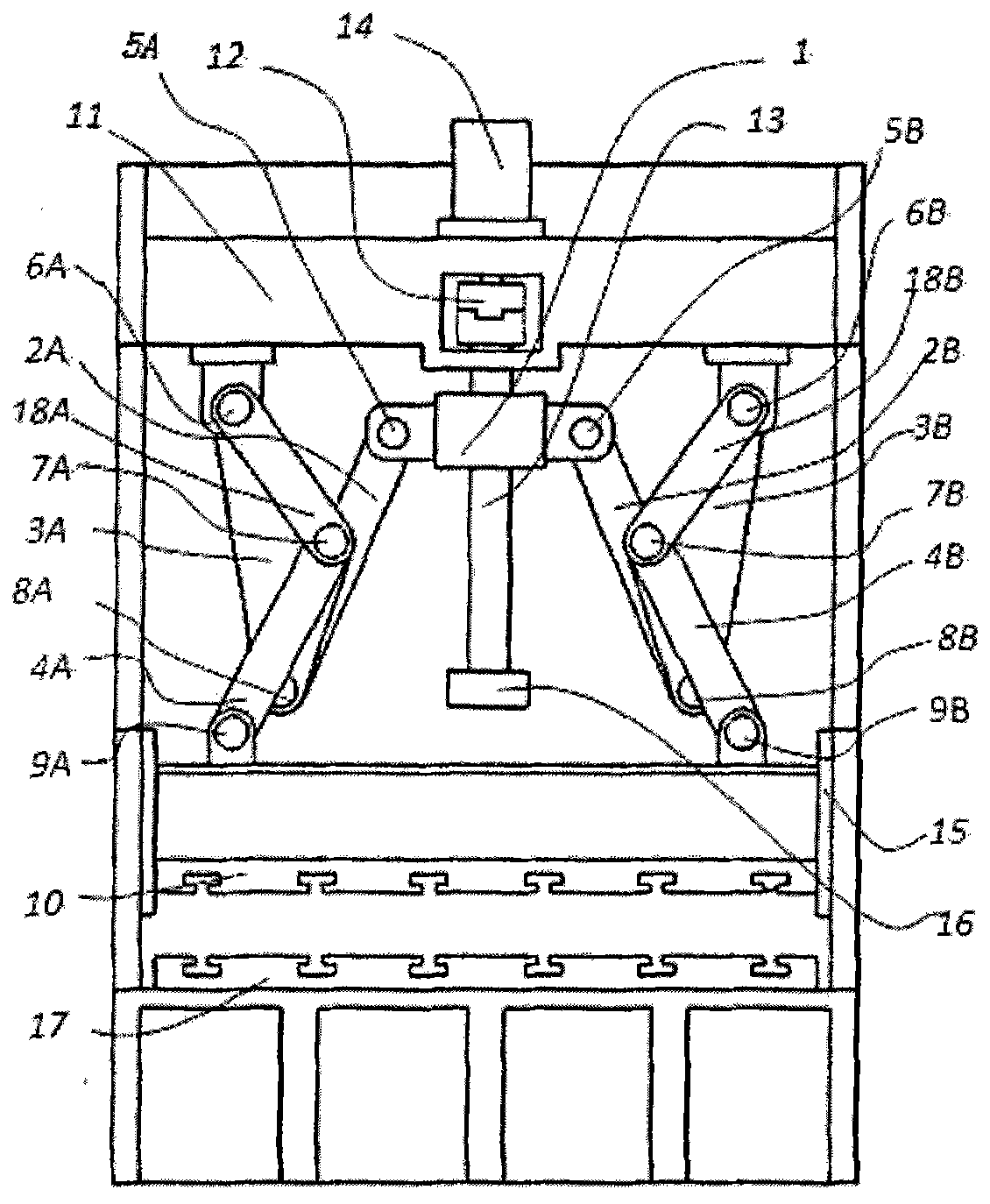 Symmetrical toggle rod pressure transmission mechanism