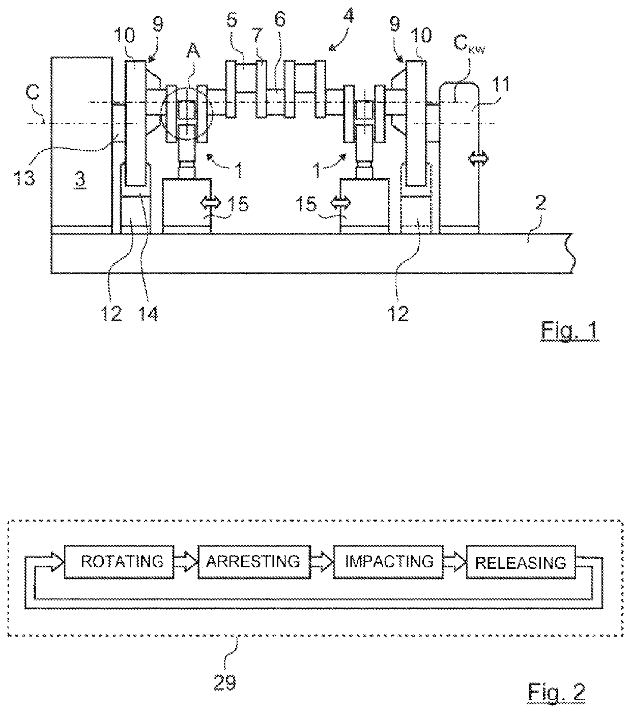 Method and device for the impact treatment of transition radii of a crankshaft