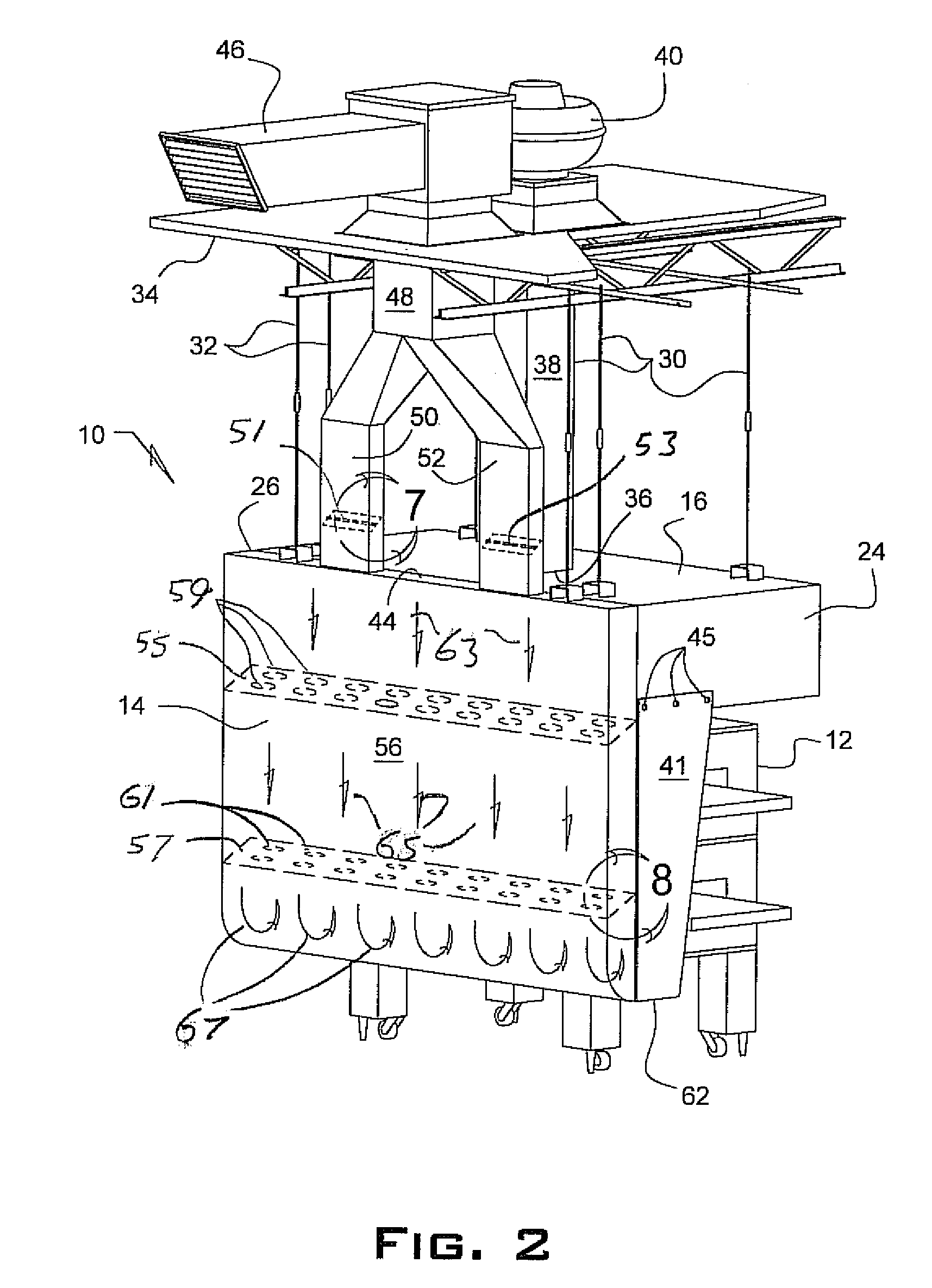 Overhead ventilation system incorporating a downwardly configured rear supply plenum with upward configured directional outlet and including baffle plates and dampeners incorporated into the plenum for evenly distributing an inlet airflow through the plenum outlet