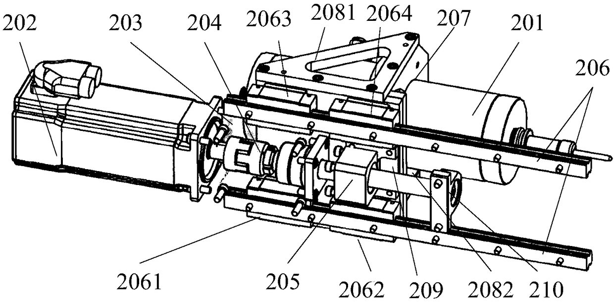Compact hole-forming end executer for shared guide rails of electric spindle and pressure foot
