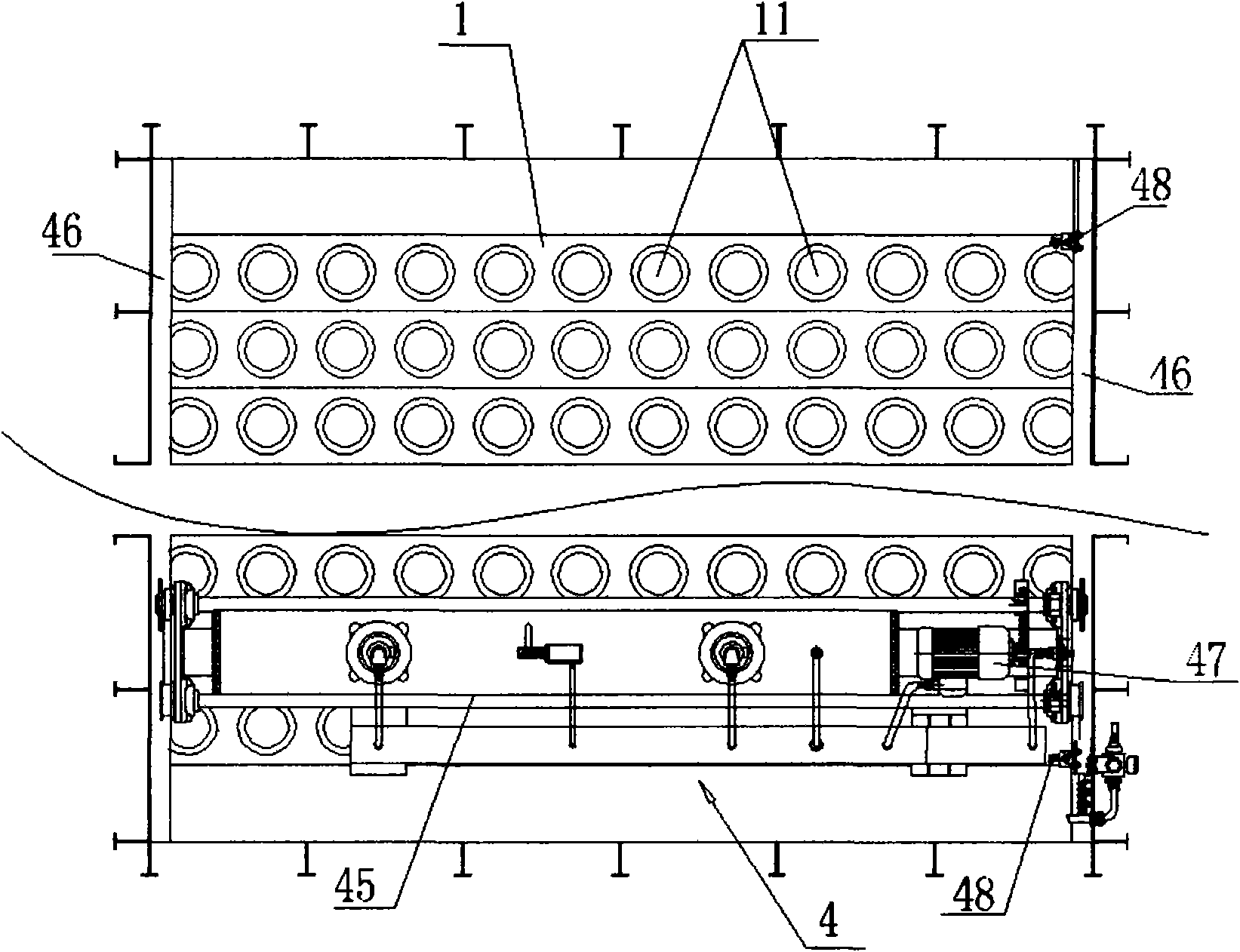 Filtering bag type dust removal device with movable pulse injection and ash removal device