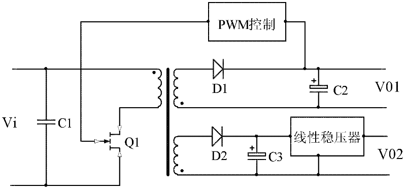 Flyback converter for implementing auxiliary output voltage control by using triode and control method