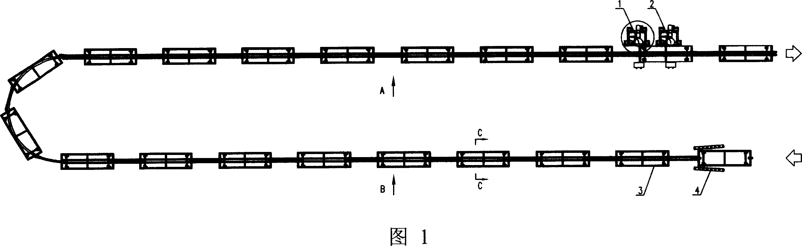 Frictional conveying system with grouped bogies