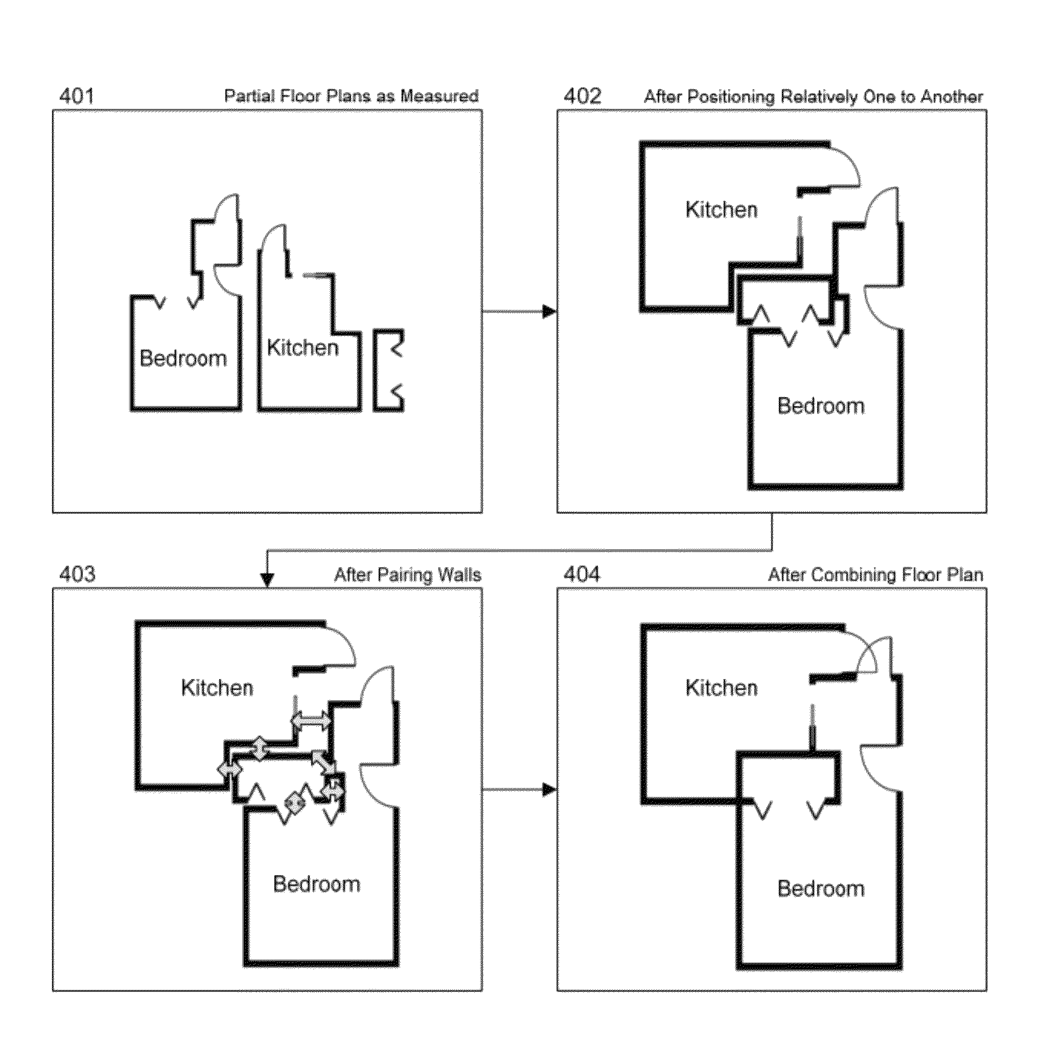 Method, tool, and device for assembling a plurality of partial floor plans into a combined floor plan