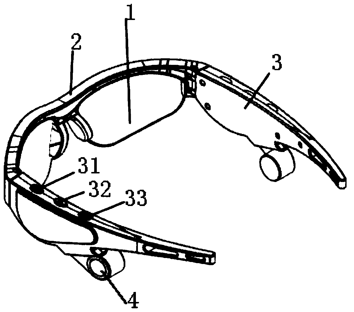 A bone conduction earphone mounted on sunglasses