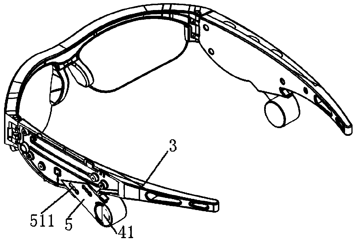 A bone conduction earphone mounted on sunglasses