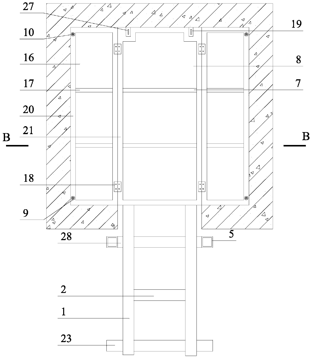 Construction method of self-stabilized internal and external sliding and moving type elevator shaft safety protection device