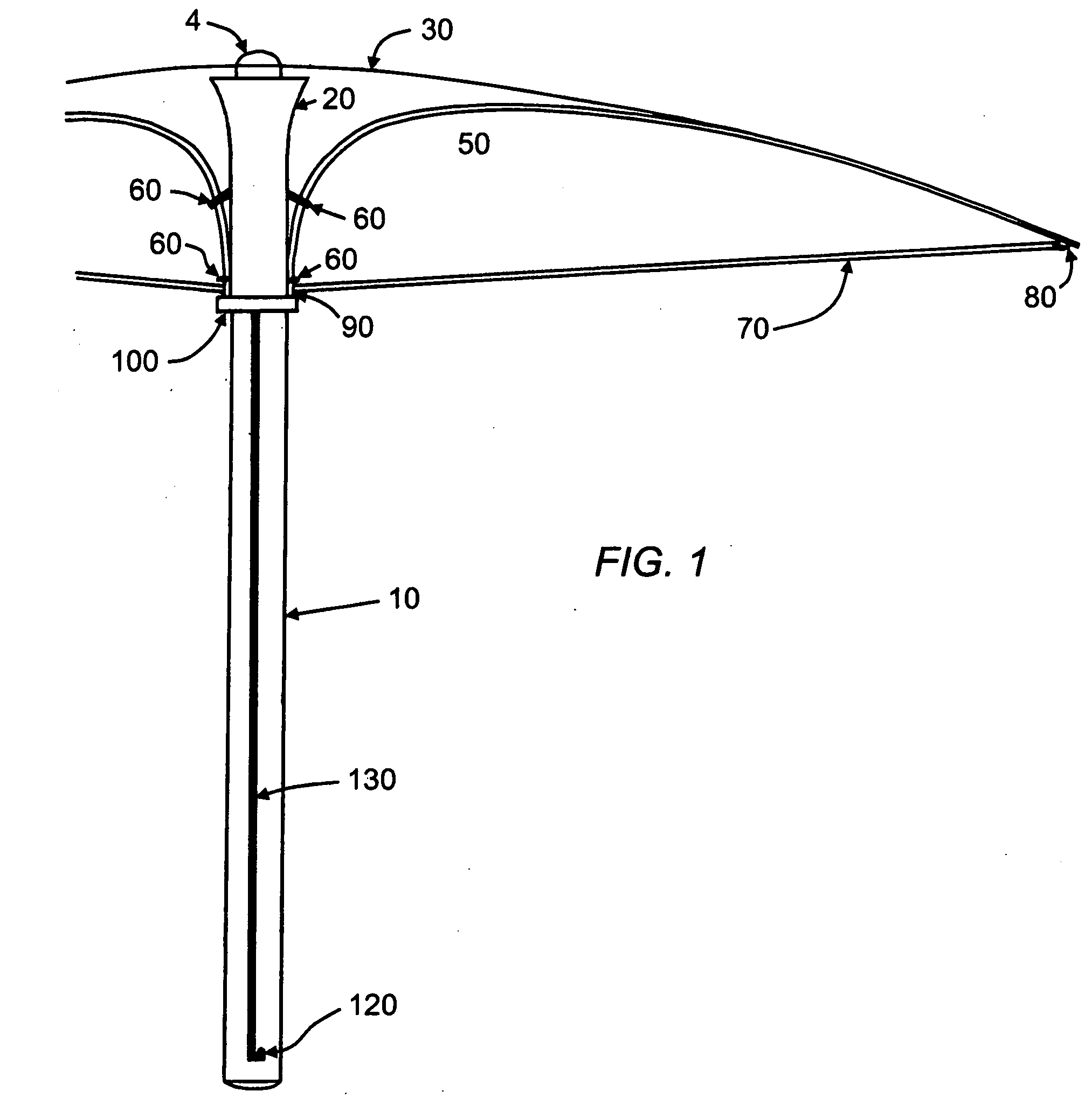 Umbrella system with support for internal storage of cover and external sliding ribs and stretchers