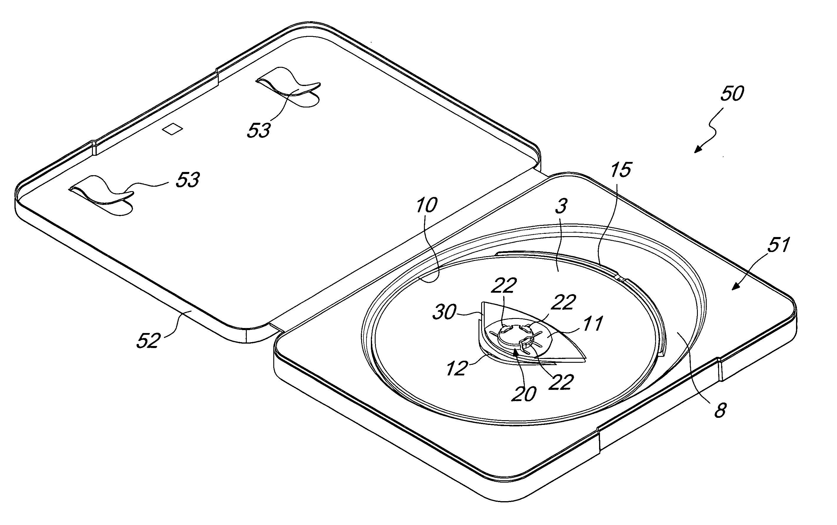Container for a disc and the like, with means for disengageable retention of the disc
