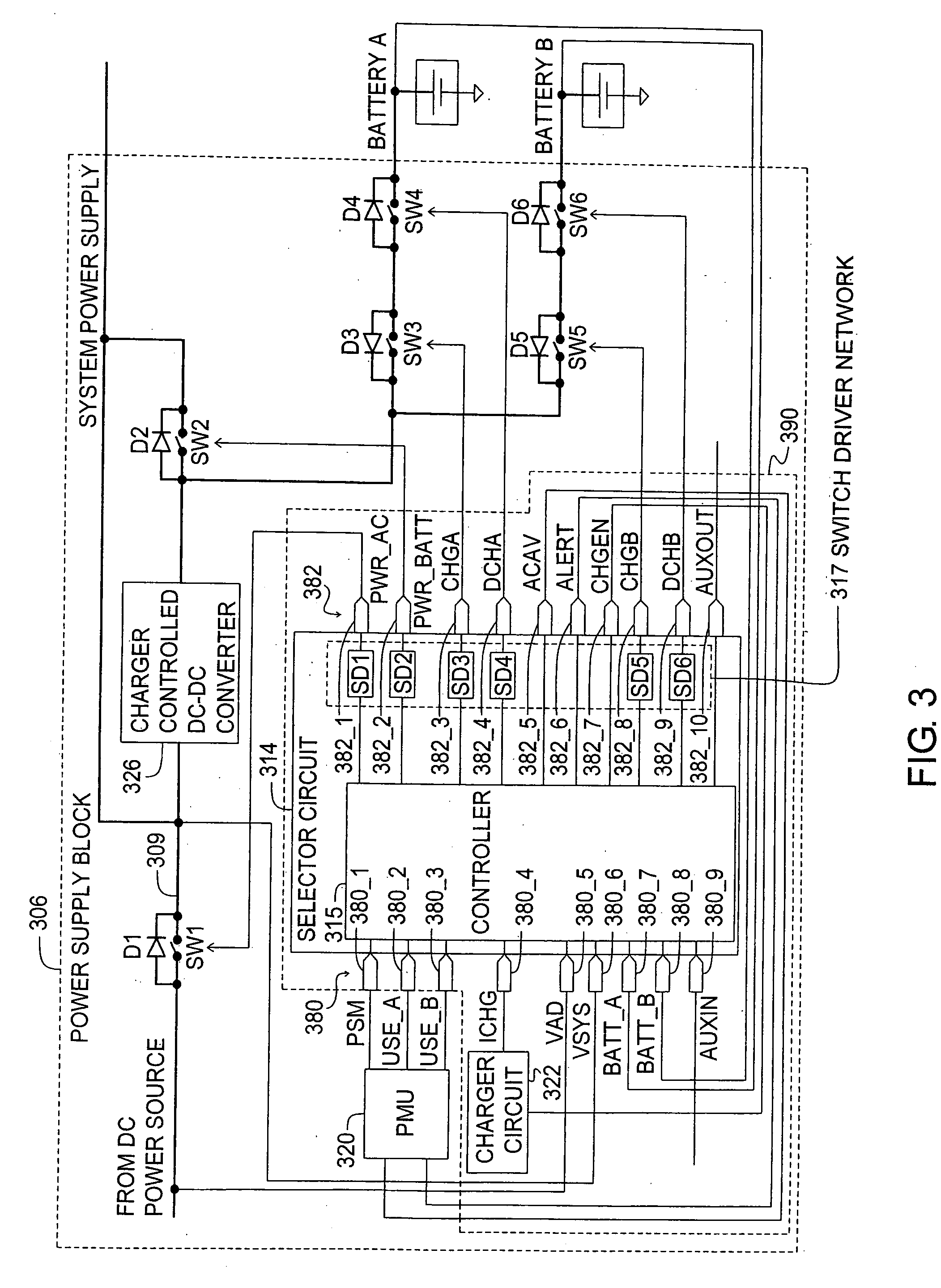 Selector circuit for power management in multiple battery systems
