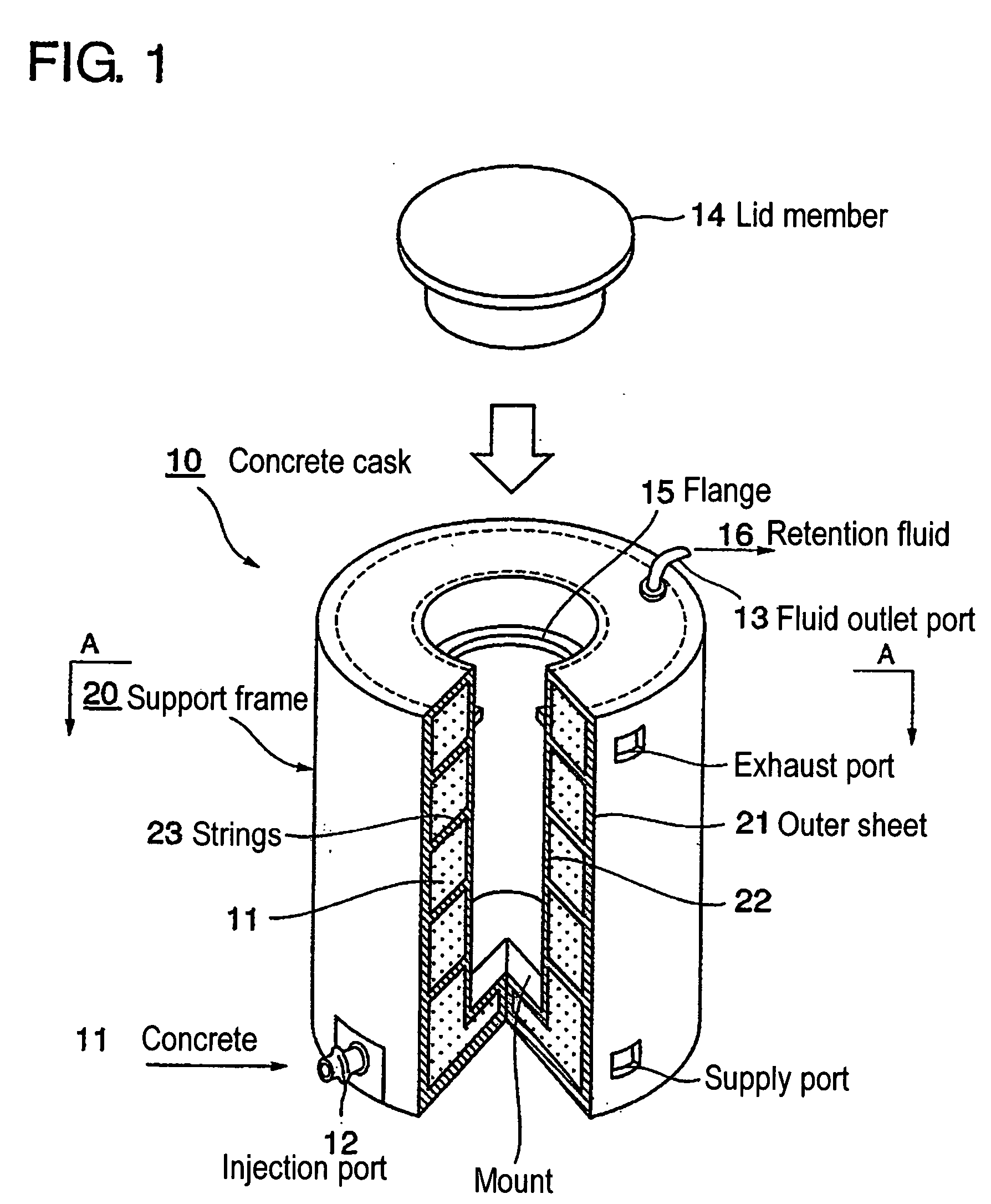 Fiber-reinforced concrete cask, supporting frame for molding thereof and process for produicng the concrete cask