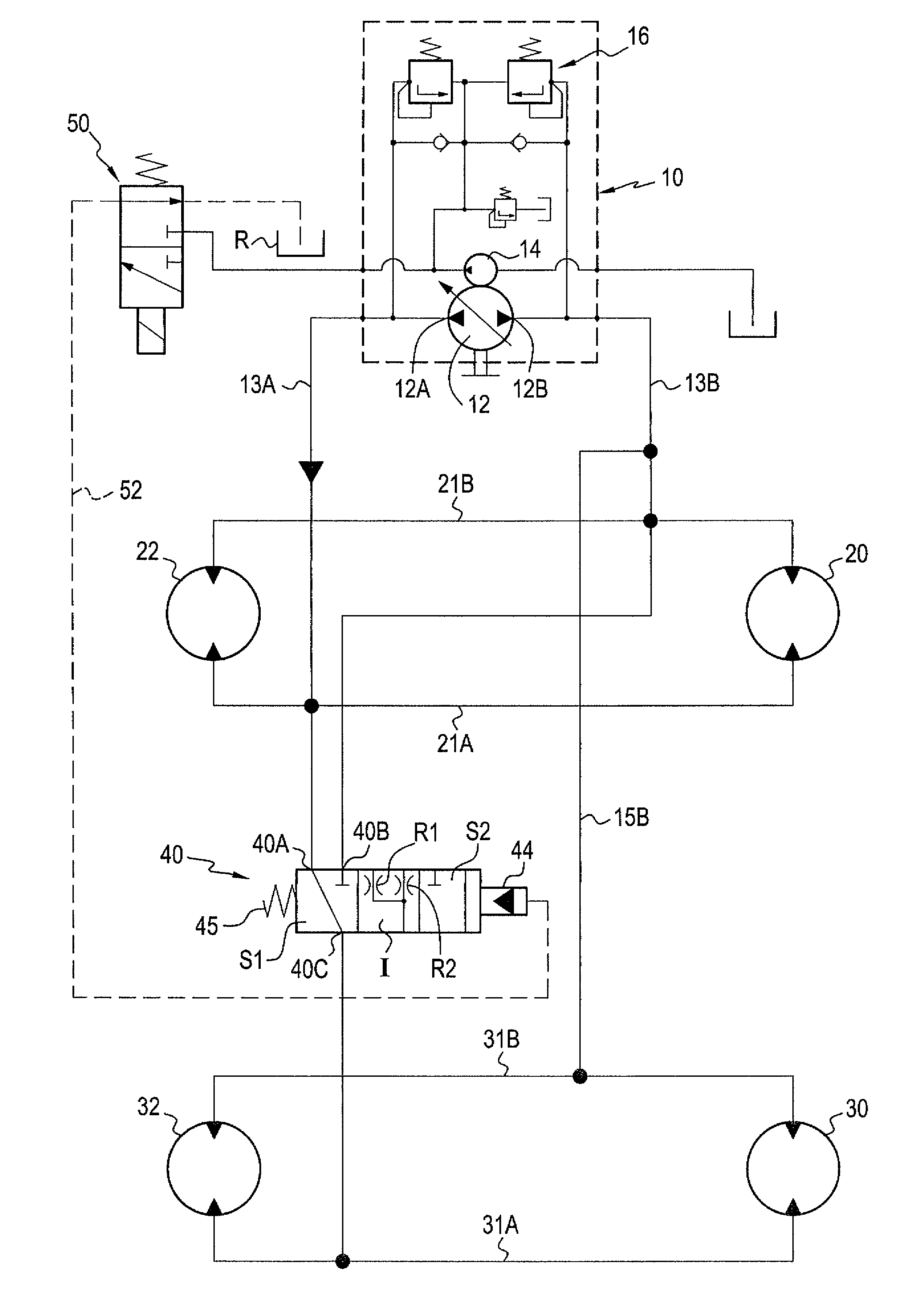 Device for selecting a hydraulic circuit overall capacity