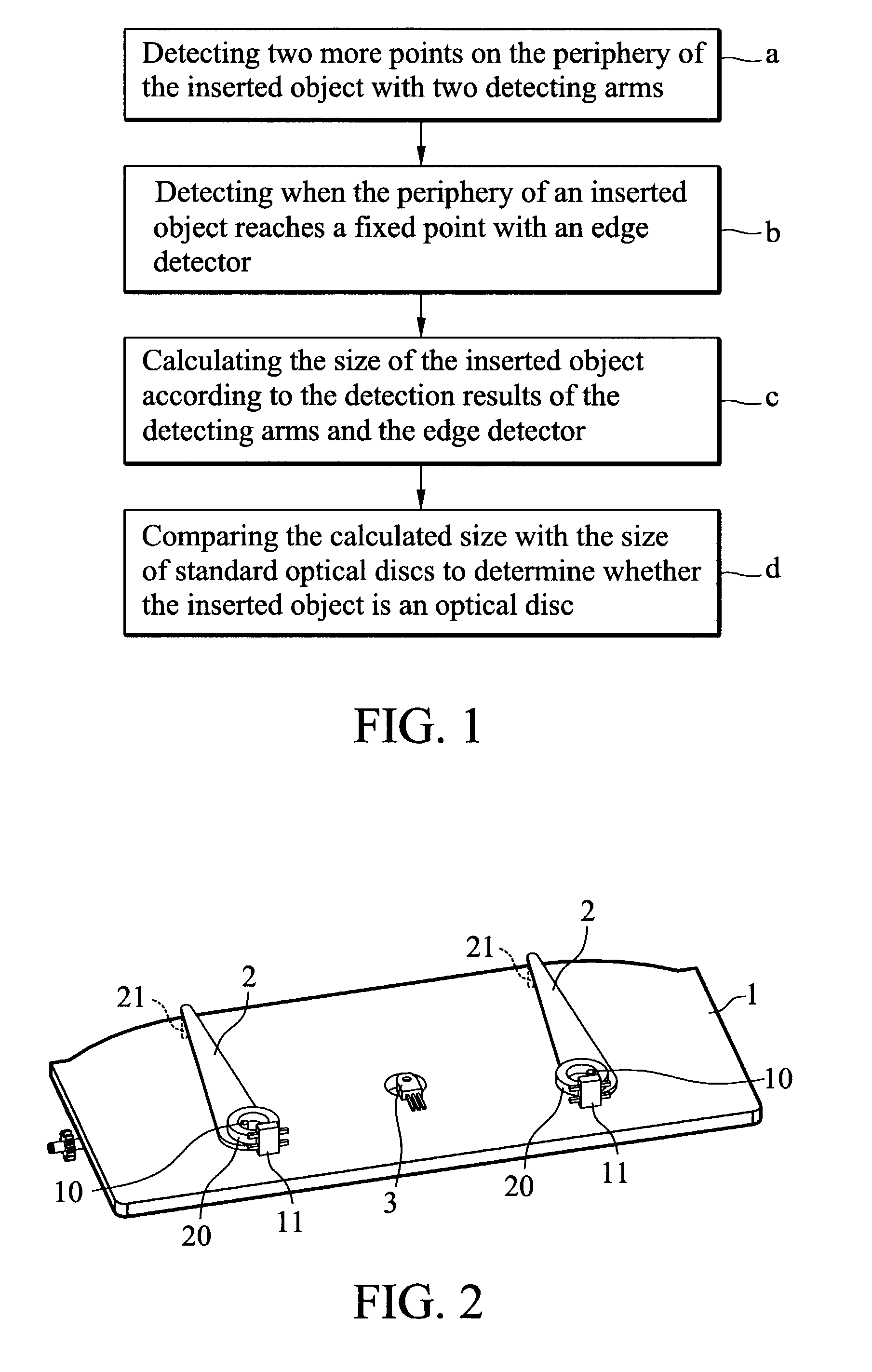 Optical disc loading using two detecting arms and an edge sensor