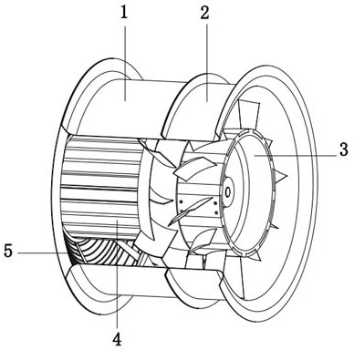 Axial flow fan with rotor blades and static front guide blades distributed in long-short staggered manner