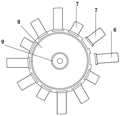 Axial flow fan with rotor blades and static front guide blades distributed in long-short staggered manner